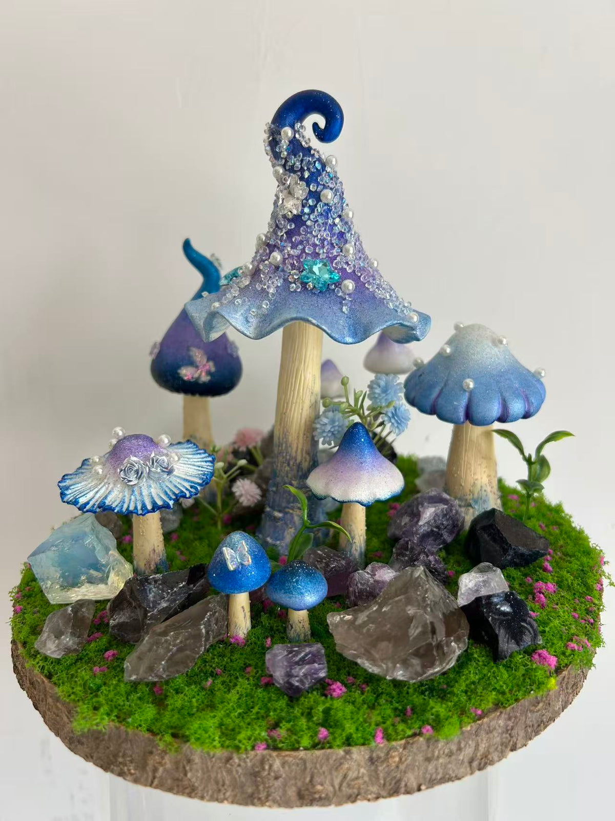 Midnight Reverie — Handmade Moonlit Mushroom Forest with Natural Crystals
