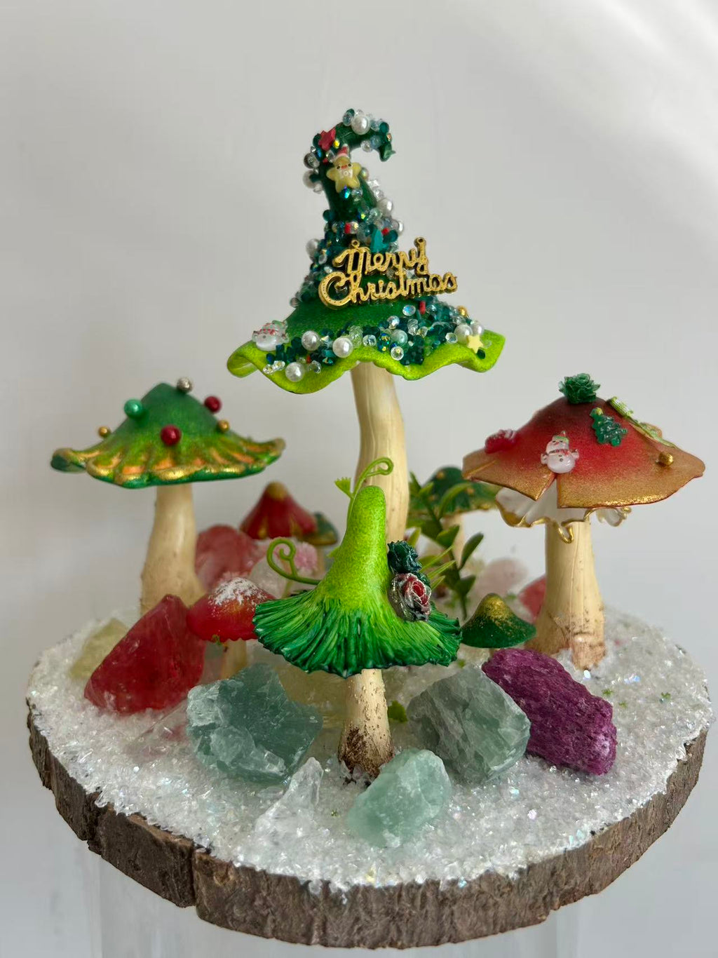 Enchanted Christmas Grove — Handmade Mushroom Forest with Natural Crystals