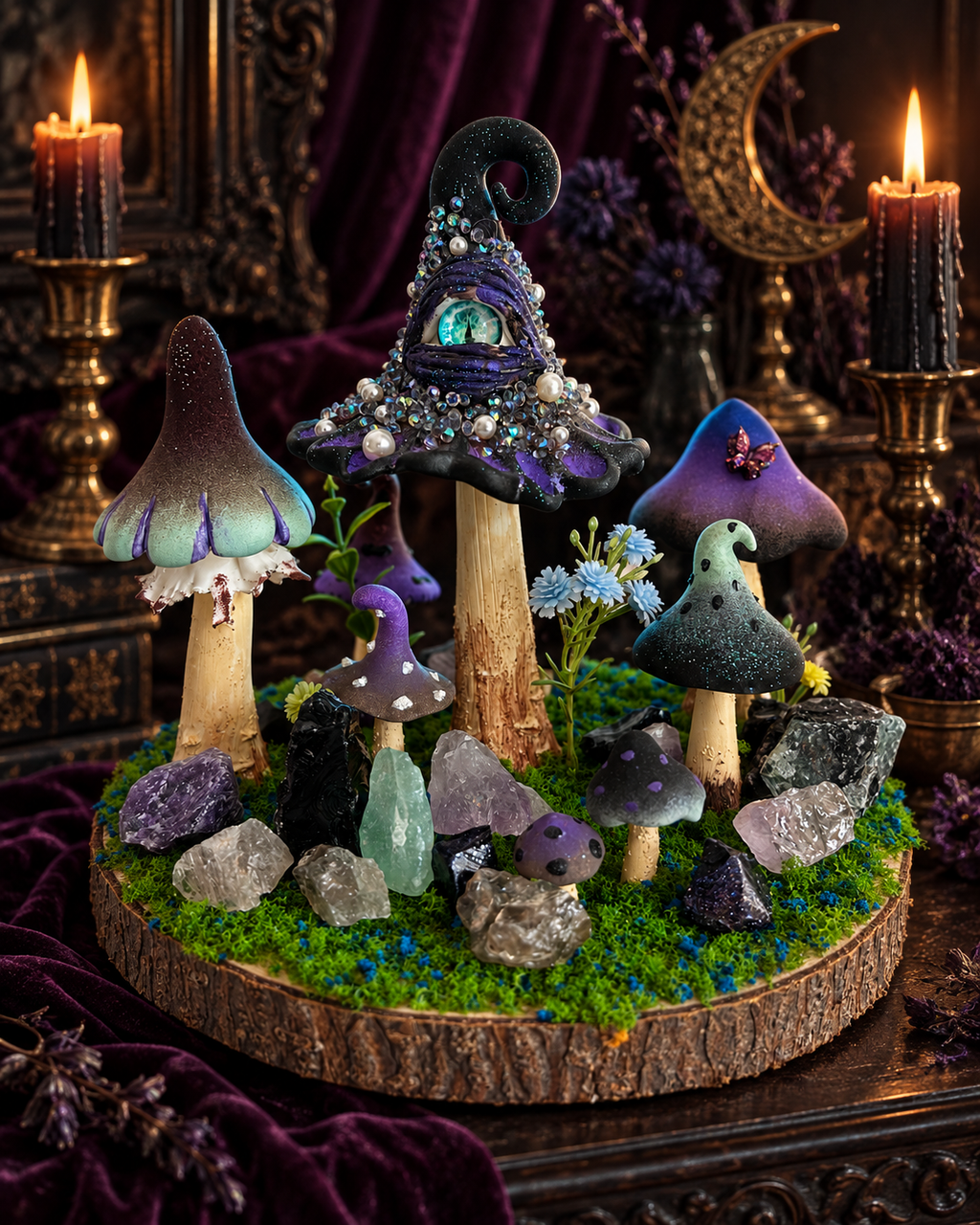 Shadow Ward — Handmade Dark Mushroom Forest with Natural Crystals