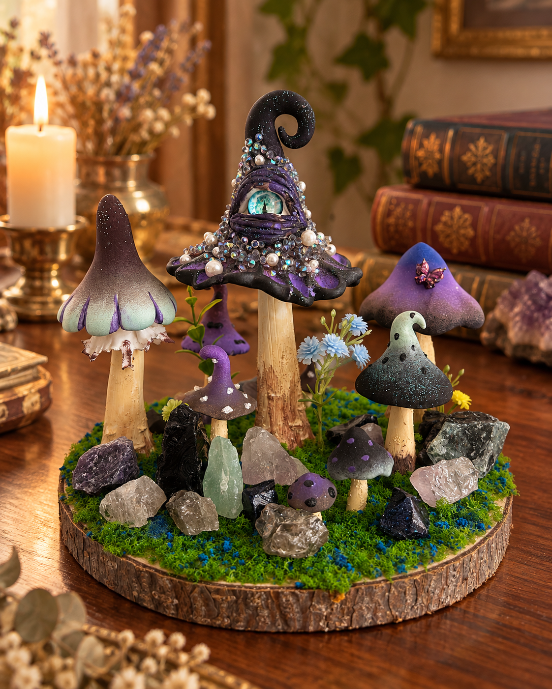 Shadow Ward — Handmade Dark Mushroom Forest with Natural Crystals