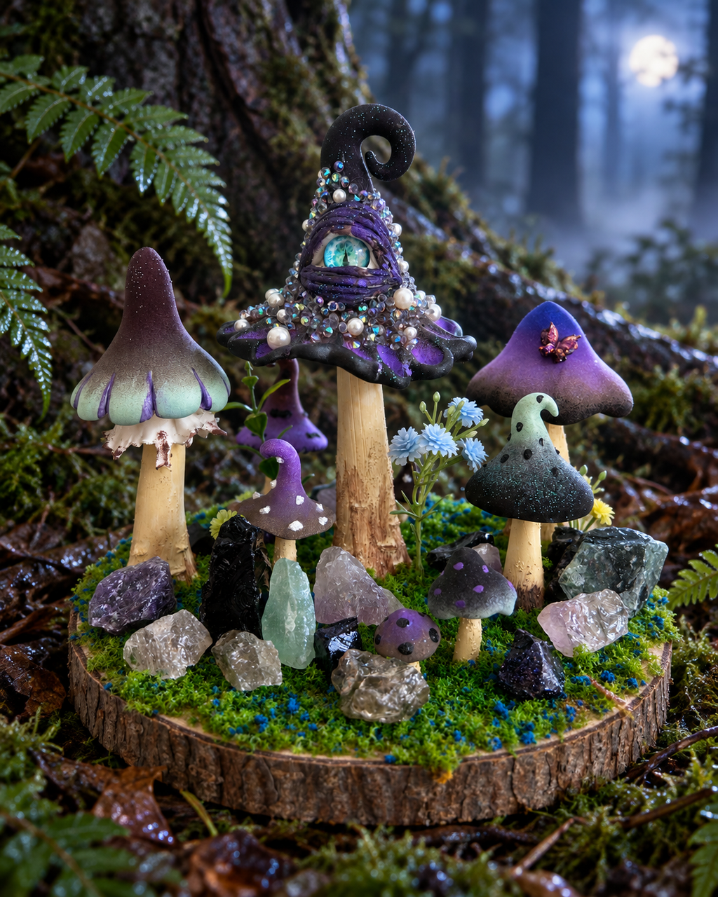 Shadow Ward — Handmade Dark Mushroom Forest with Natural Crystals