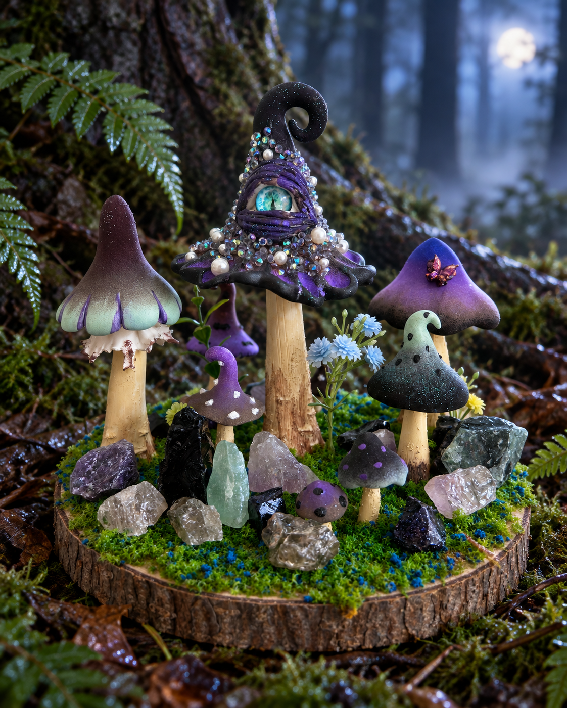 Shadow Ward — Handmade Dark Mushroom Forest with Natural Crystals