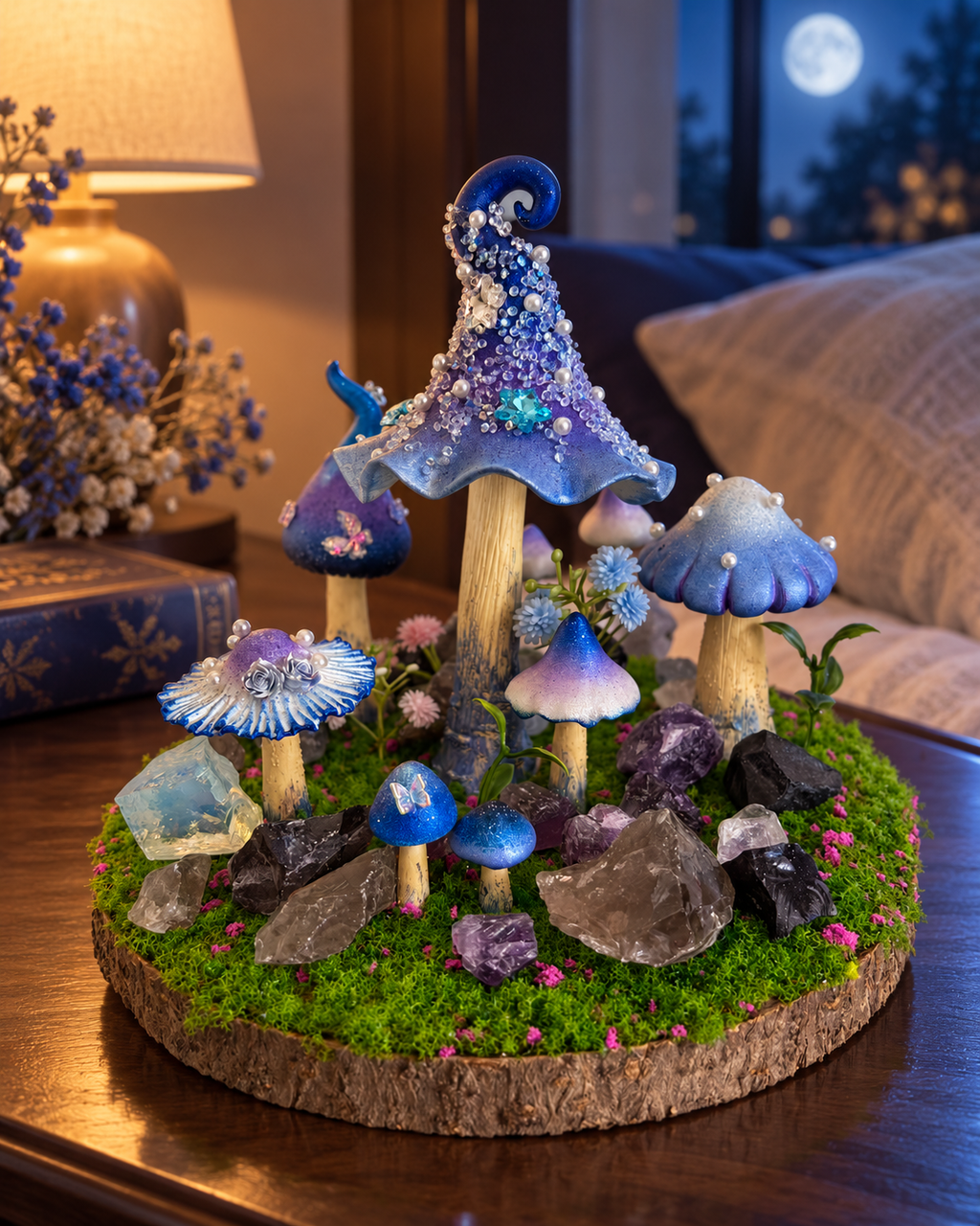 Midnight Reverie — Handmade Moonlit Mushroom Forest with Natural Crystals