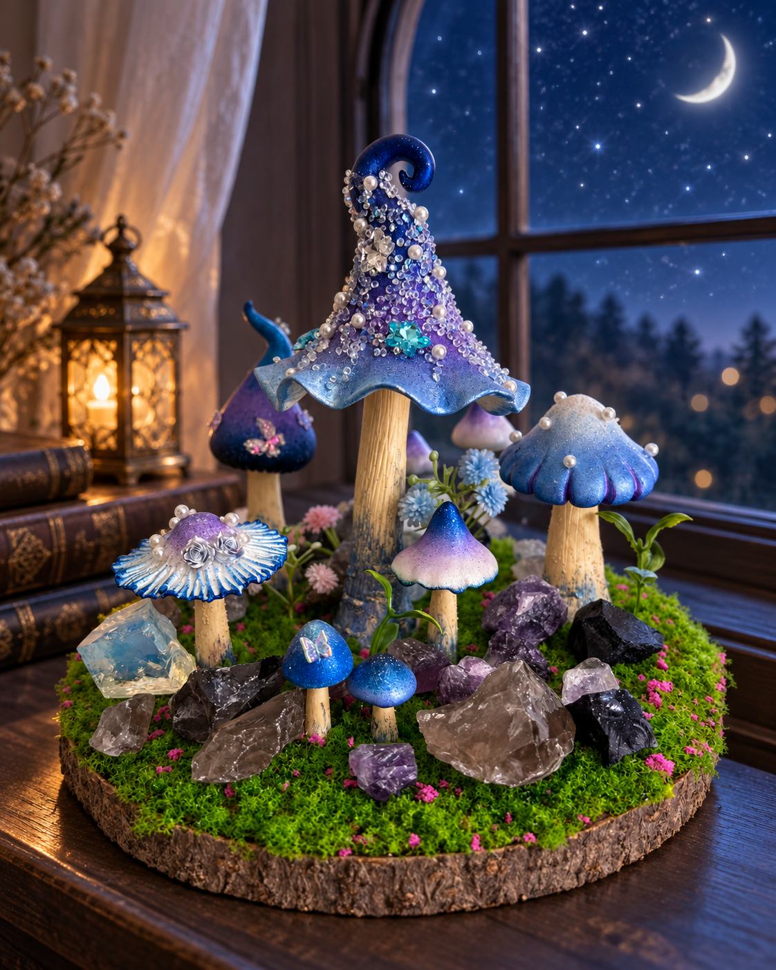 Midnight Reverie — Handmade Moonlit Mushroom Forest with Natural Crystals