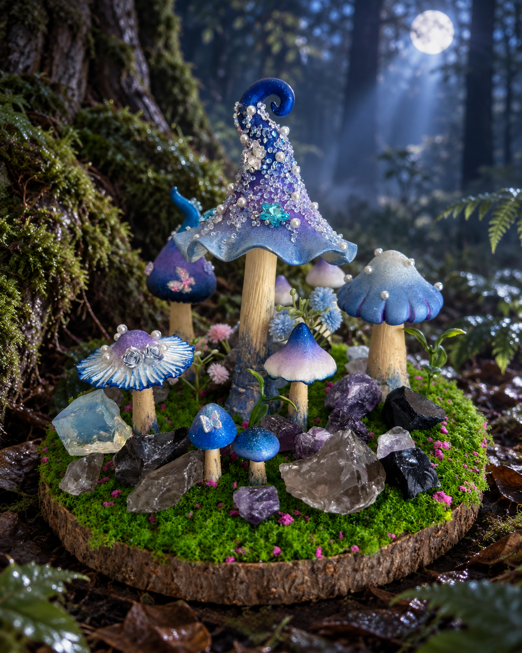 Midnight Reverie — Handmade Moonlit Mushroom Forest with Natural Crystals