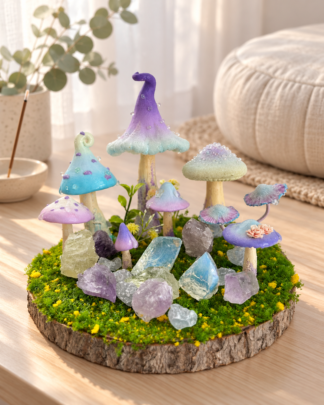 Quiet Haven — Handmade Pastel Mushroom Forest with Natural Crystals