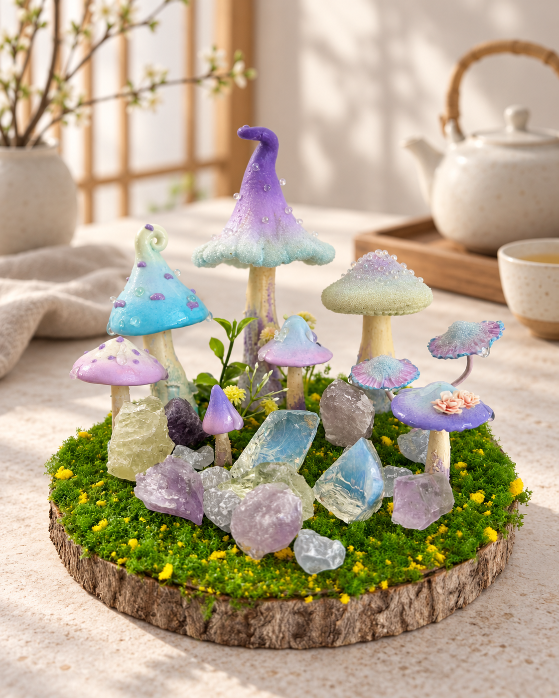 Quiet Haven — Handmade Pastel Mushroom Forest with Natural Crystals