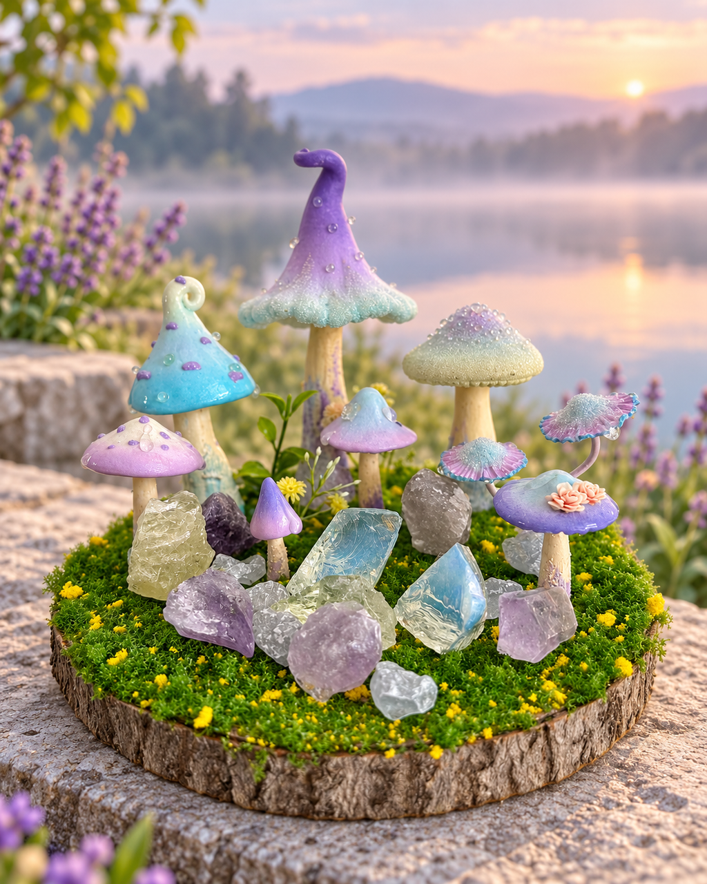 Quiet Haven — Handmade Pastel Mushroom Forest with Natural Crystals