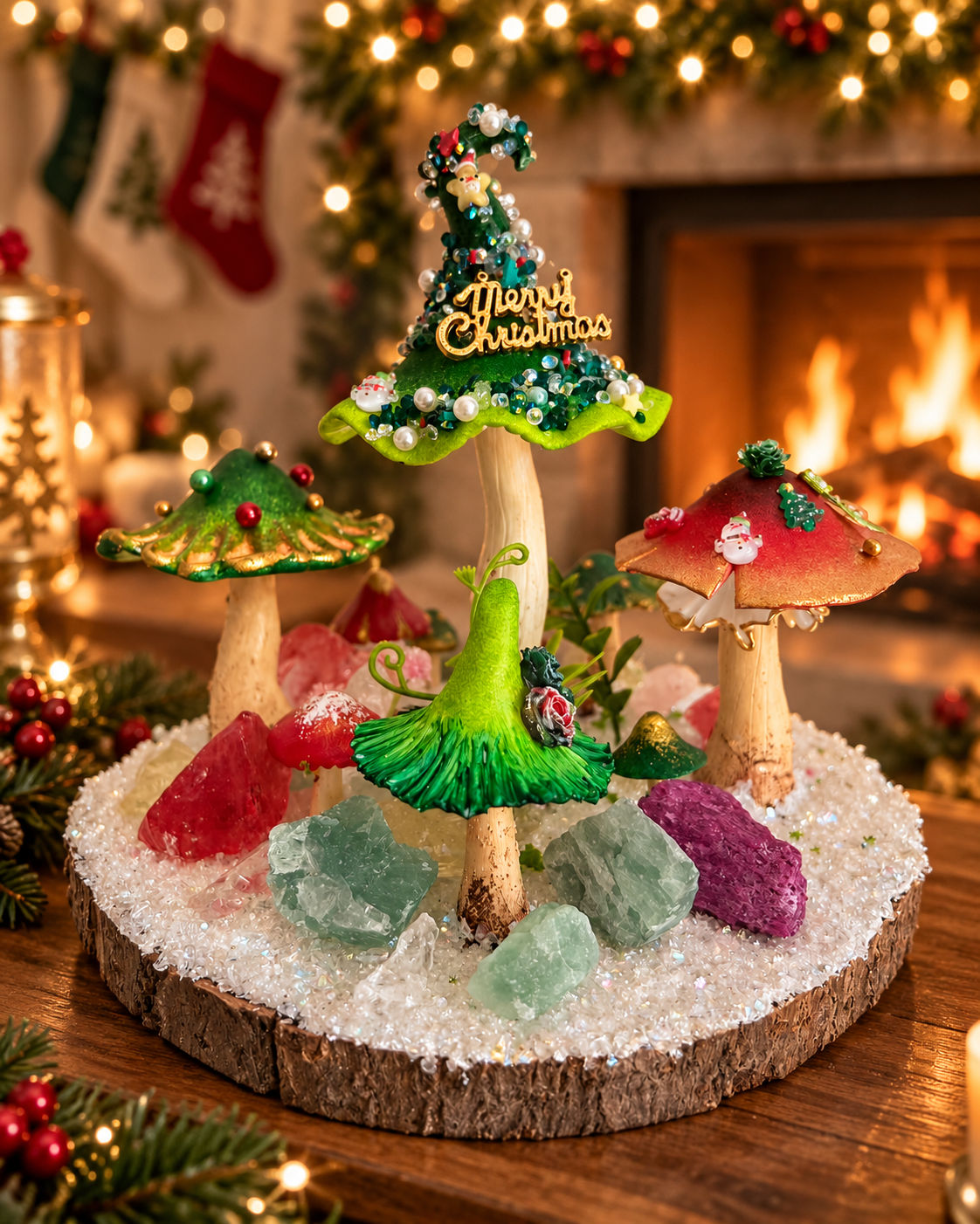 Enchanted Christmas Grove — Handmade Mushroom Forest with Natural Crystals