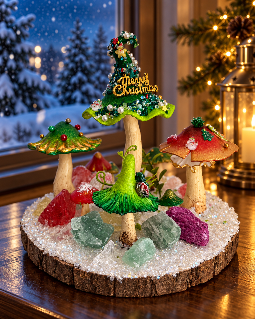 Enchanted Christmas Grove — Handmade Mushroom Forest with Natural Crystals
