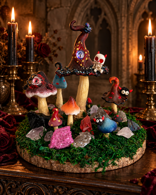 Crimson Hollow — Handmade Gothic Mushroom Forest with Natural Crystals