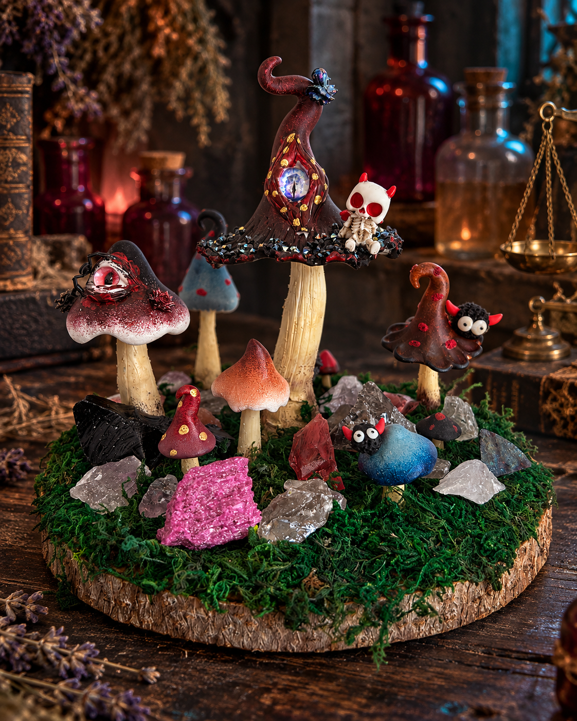 Crimson Hollow — Handmade Gothic Mushroom Forest with Natural Crystals